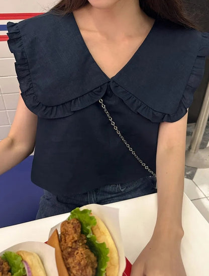 【F60478】韓版夏季甜美簡約娃娃領上衣250616
