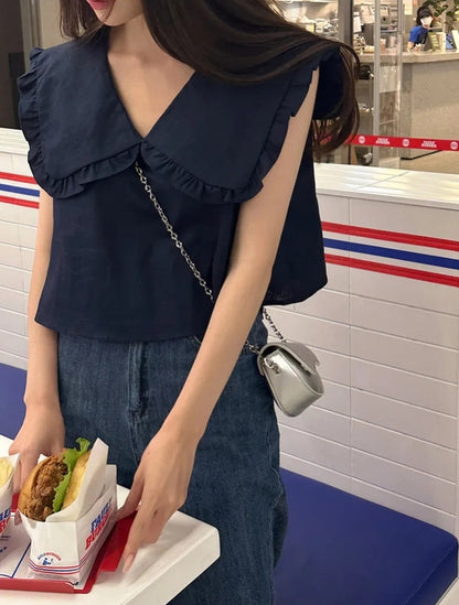 【F60478】韓版夏季甜美簡約娃娃領上衣250616