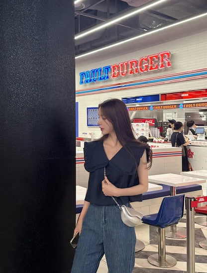 【F60478】韓版夏季甜美簡約娃娃領上衣250616