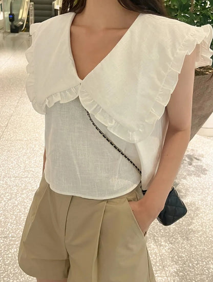 【F60478】韓版夏季甜美簡約娃娃領上衣250616