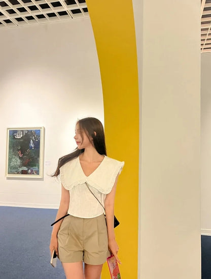【F60478】韓版夏季甜美簡約娃娃領上衣250616