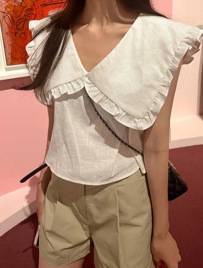 【F60478】韓版夏季甜美簡約娃娃領上衣250616