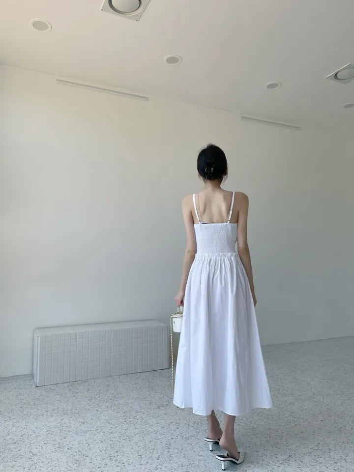 【F04505】韓版夏季法式清新抹胸皺褶收腰吊帶洋裝240429