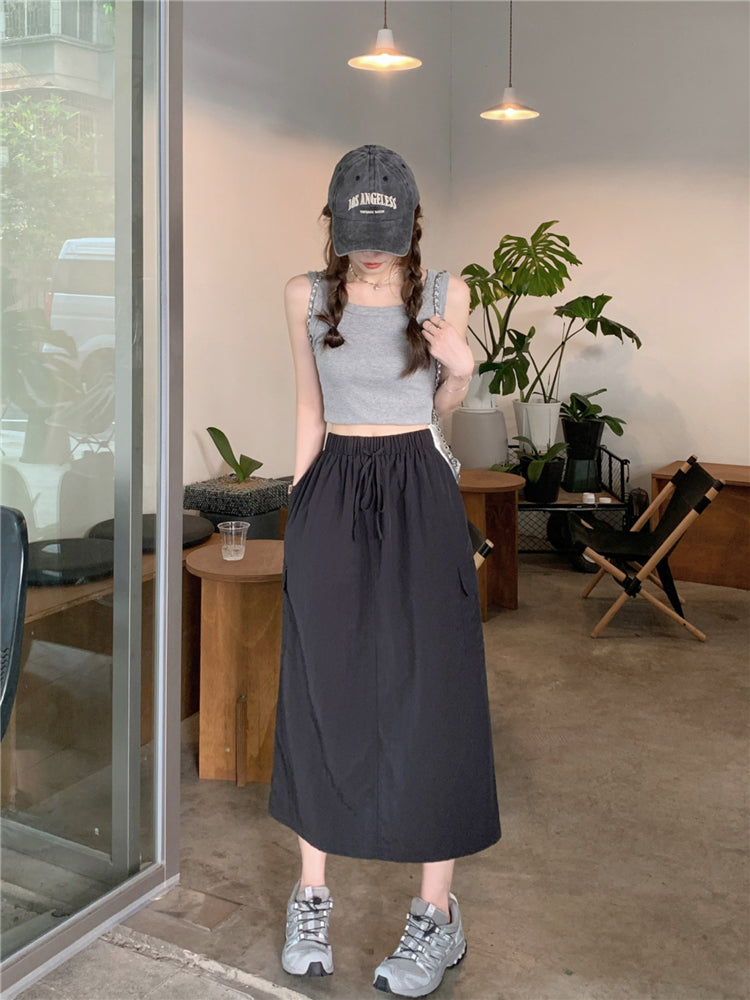 【F07130】實拍韓國夏季簡約顯瘦高腰工裝裙230703