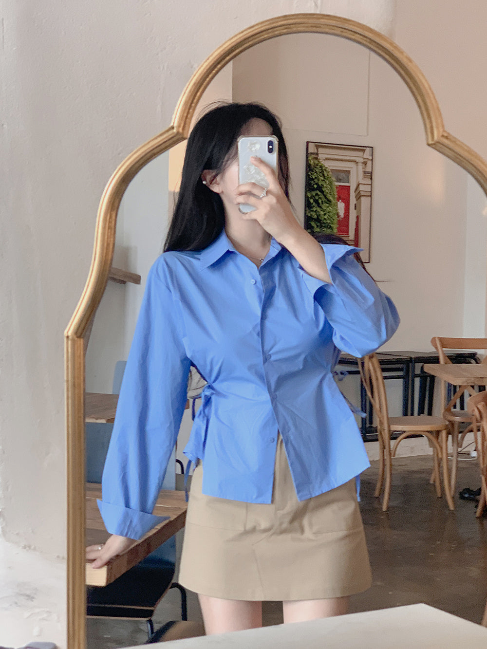 【F09136】 韓國2023秋裝氣質簡約抽皺純色長袖襯衫230904