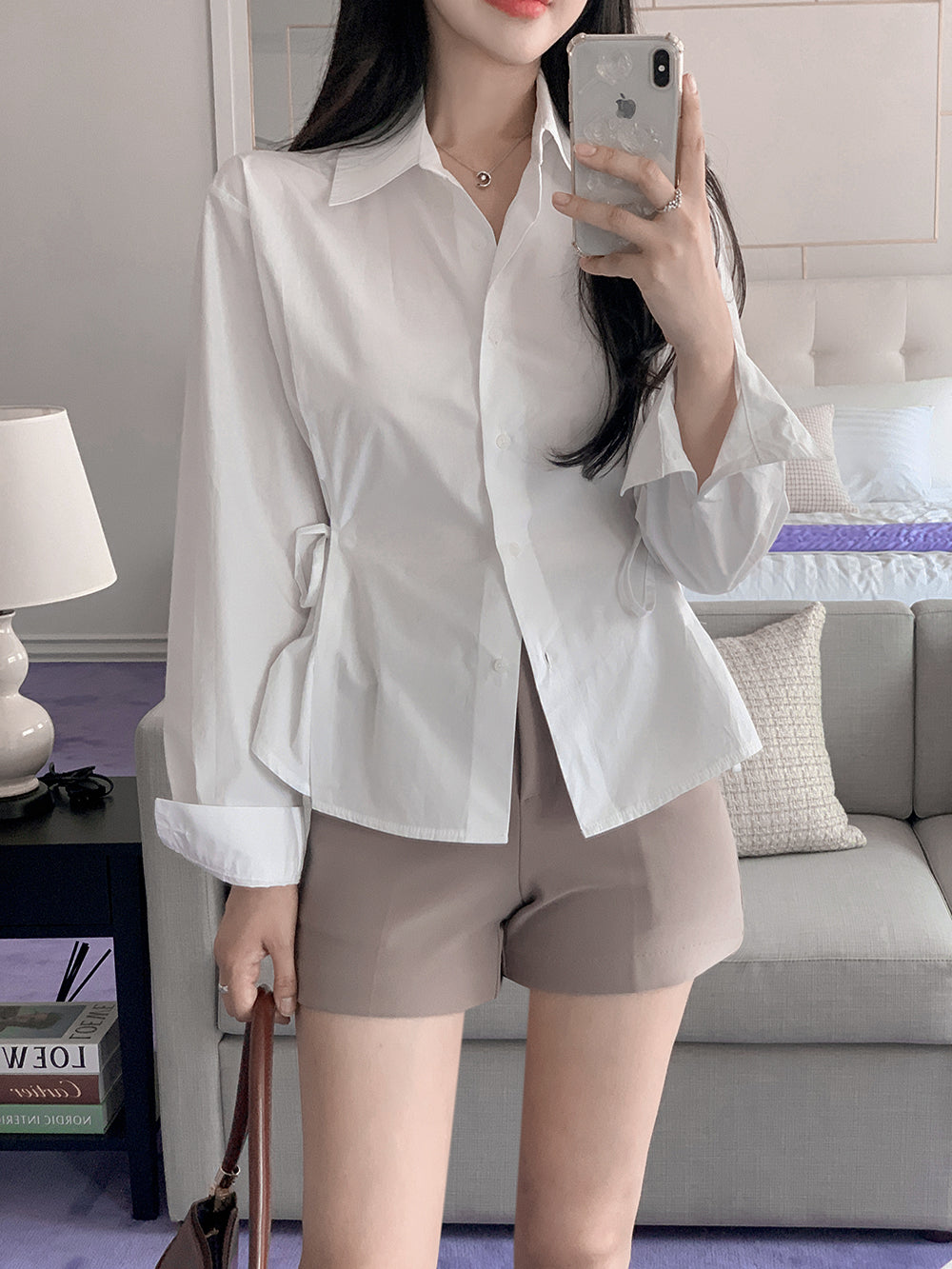 【F09136】 韓國2023秋裝氣質簡約抽皺純色長袖襯衫230904