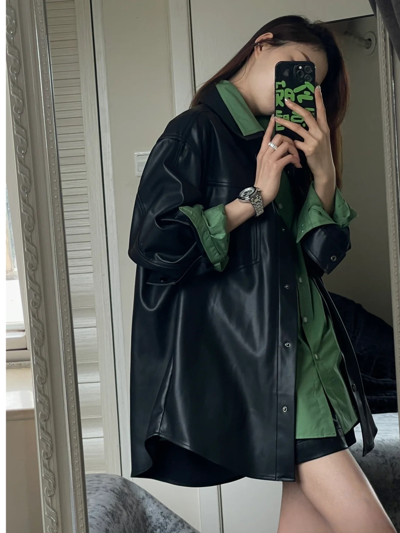 【F12344】韓版寬鬆長襯衫＋炫酷黑pu皮衣外套231218