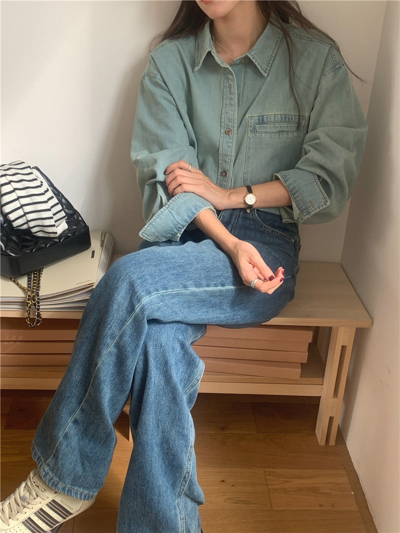 【F10224】實拍韓版法式復古簡約休閒寬鬆長袖牛仔襯衫231009