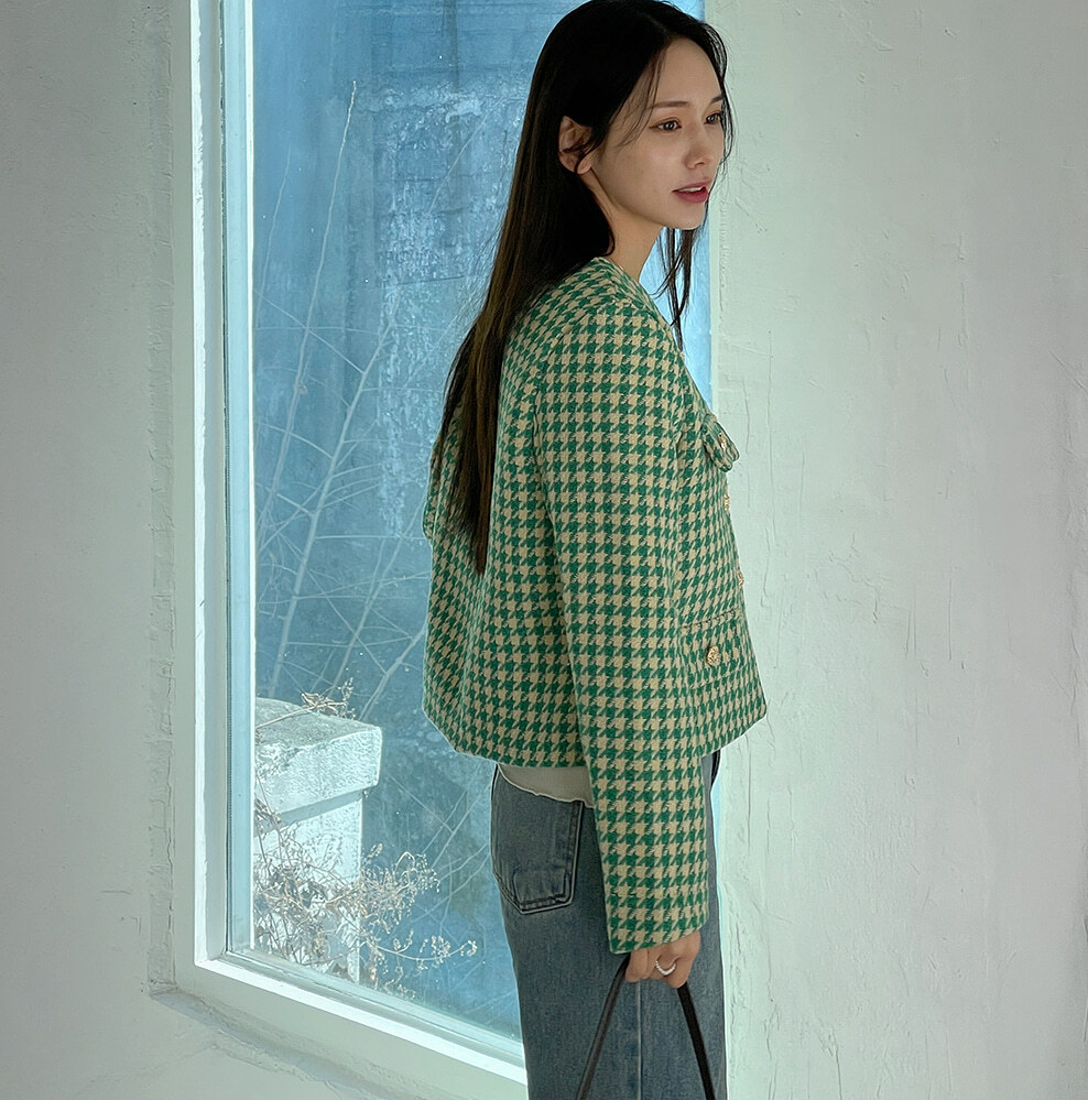 【F10424】韓國秋冬新款法式時尚金屬扣氣質千鳥格小外套231023