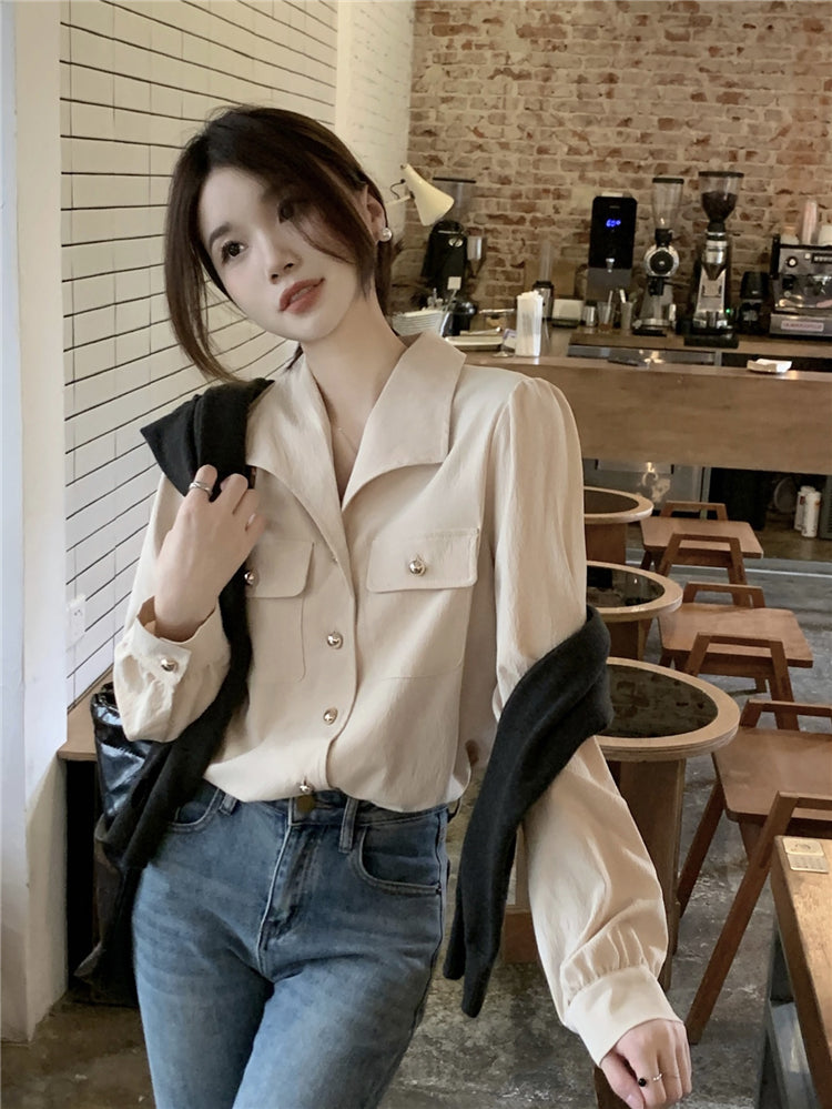 【F10237】實拍韓國chic法式復古翻領別緻金屬扣襯衫231009
