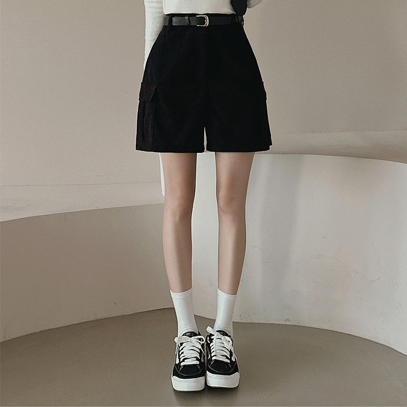 【F10406】韓國秋冬新款燈芯絨闊腿口袋工裝褲高腰（配腰帶）231023