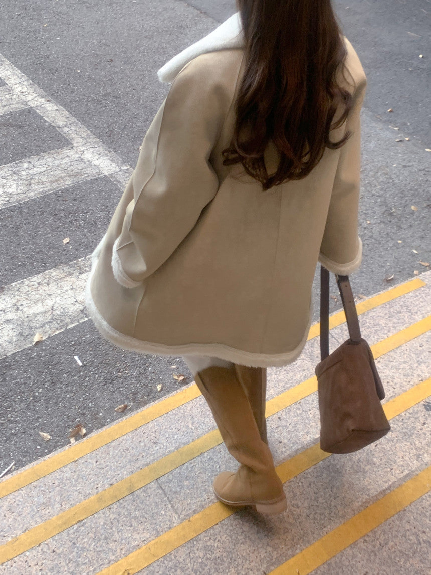 【F10409】韓國冬季保暖大衣復古撞色兩面穿皮毛一體中長款外套231023