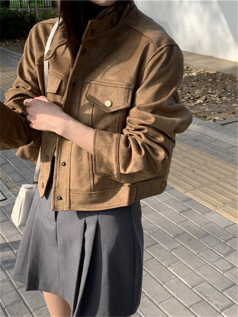 【F10416】實拍韓版法式復古街頭麂皮短款長袖外套231023