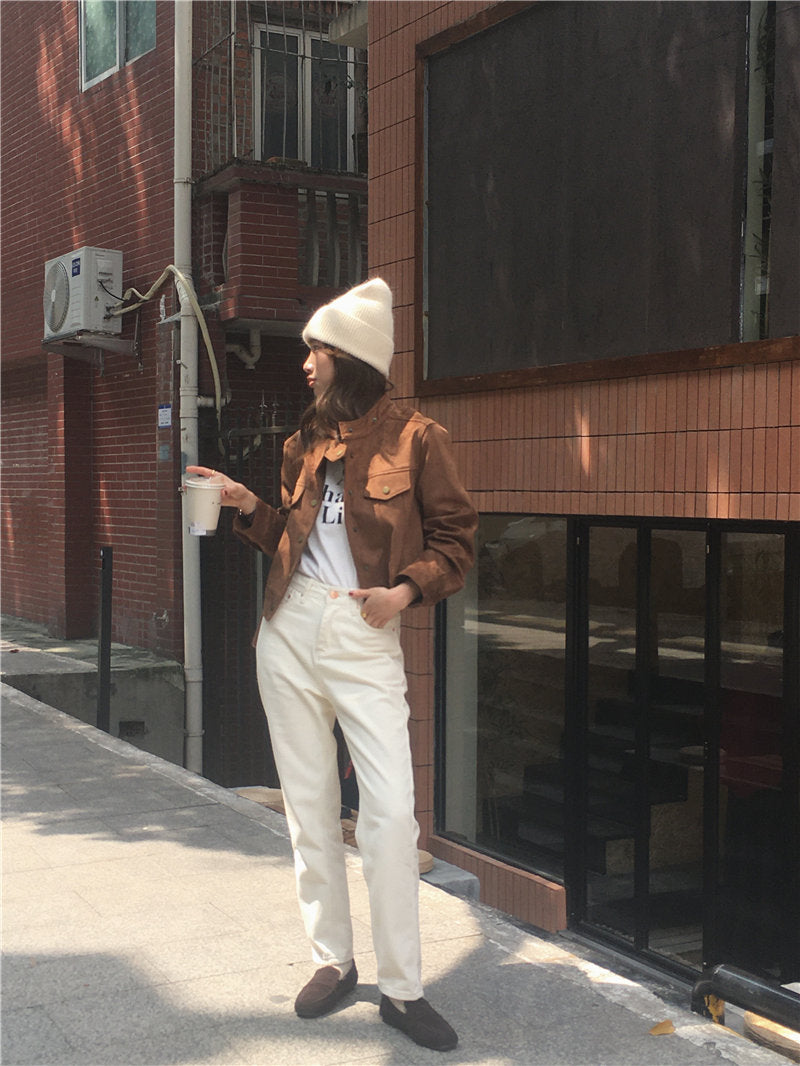 【F10416】實拍韓版法式復古街頭麂皮短款長袖外套231023