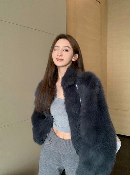 【F10435】實拍復古氣質辣妹氣質高級翻領毛毛皮草外套241028