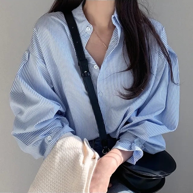 【F11125】韓版設計感小眾細條紋寬鬆襯衫231108