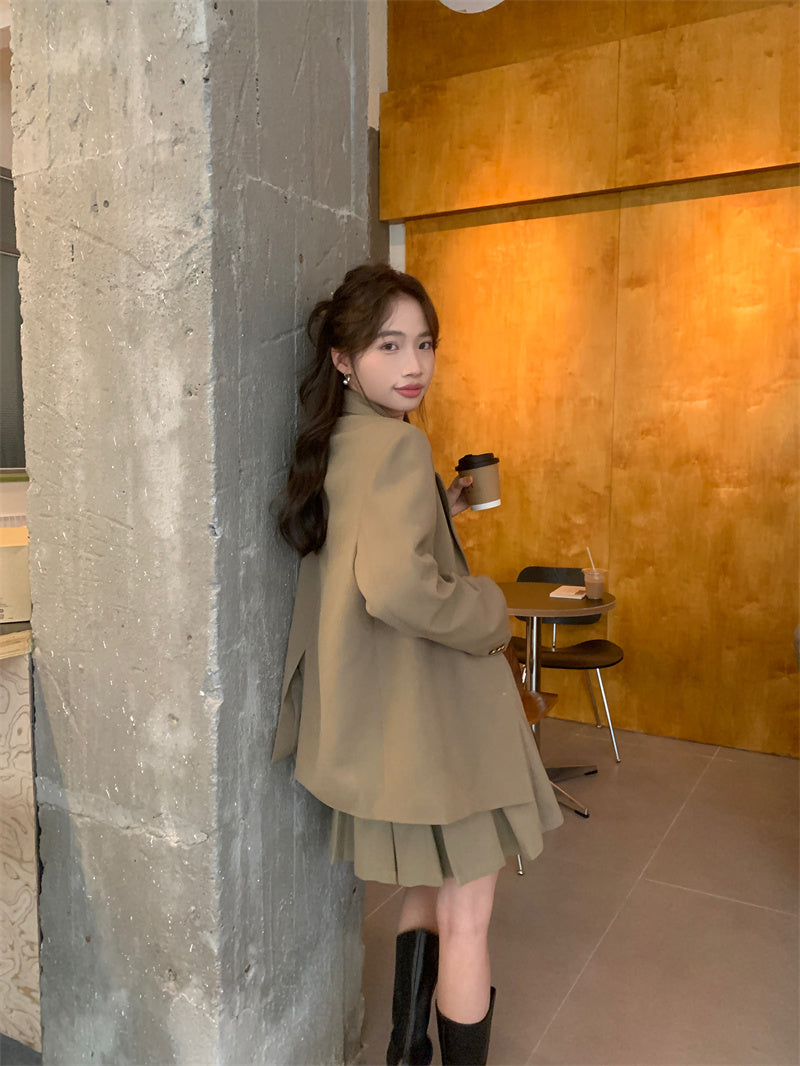 【F11211】韓版法式復古西裝外套+百褶裙 套裝231120