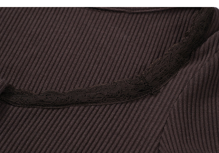 【F12121】實拍棕色美拉德蕾絲拼接顯瘦短針織衫+時髦高腰休閒長褲（分開下單）231204