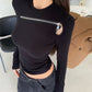 【F12438】實拍時尚~氣質設計感拉鍊套頭黑色上衣T恤231225