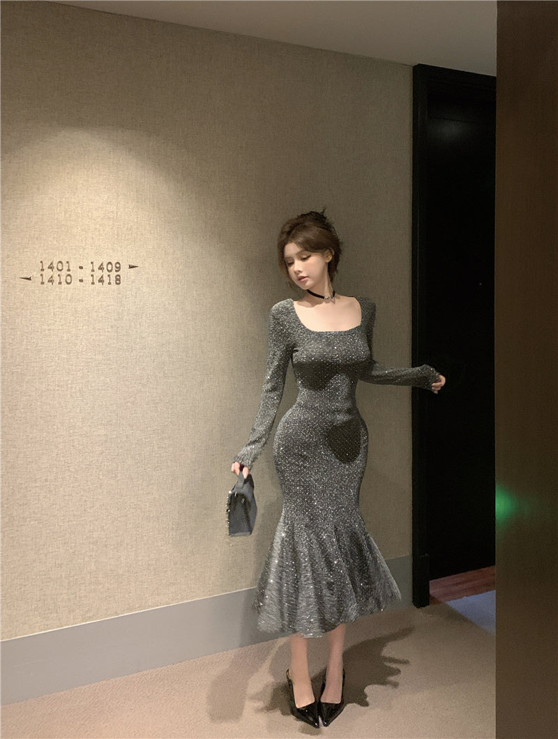 【F01204】實拍發光人魚裙  氣質長袖輕奢優雅生日洋裝240108