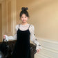 【F01301】實拍早春新年法式復古氣質黑絲絨洋裝＋植絨蝴蝶結泡泡袖襯衫240119