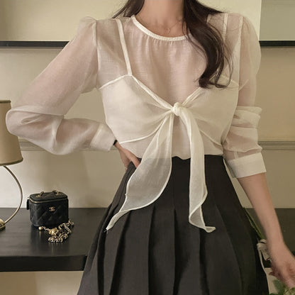 【F01302】韓國東大門氣質甜美蝴蝶吊帶假兩件長袖襯衫240119
