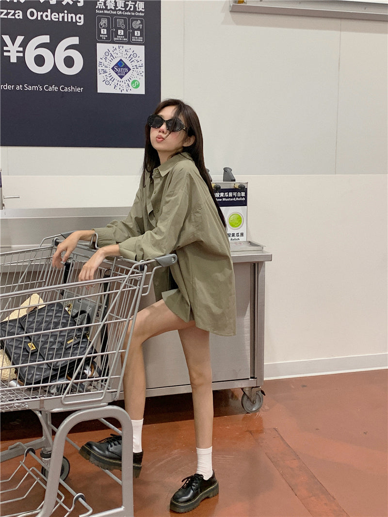【F60646】夏日慵懶鬆弛☁️極簡純色寬鬆休閒減齡長袖防曬襯衫/外套260713