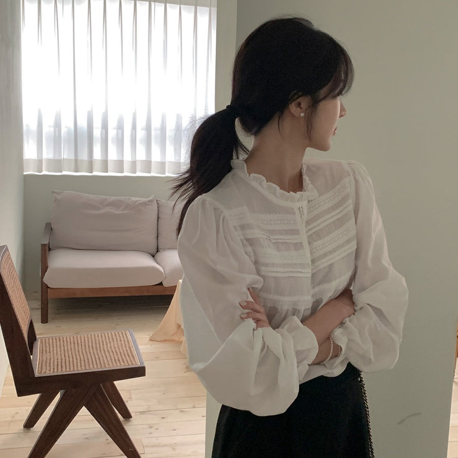 【F03136】韓版復古甜美温柔立領蕾絲花邊襯衫240308