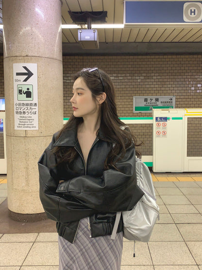 【F60748】復古率性・PU皮革短版夾克外套260928