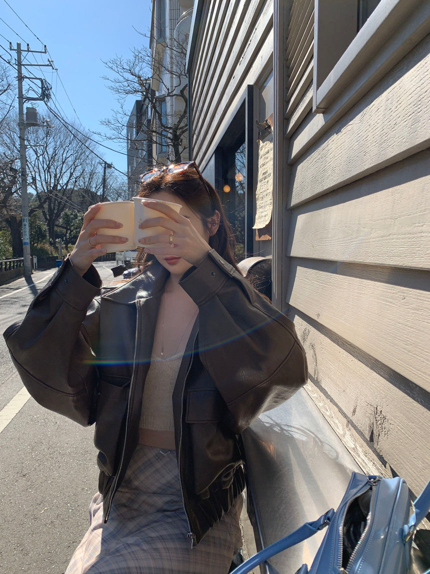 【F60748】復古率性・PU皮革短版夾克外套260928