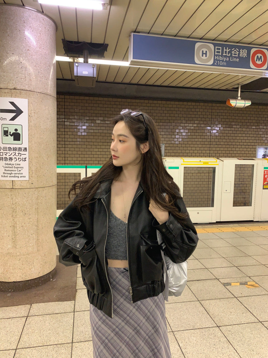 【F60748】復古率性・PU皮革短版夾克外套260928