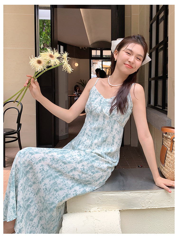 【F05121】實拍S~XL 夏天法式浪漫印花吊帶雪紡洋裝240506