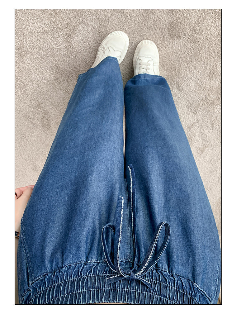 【F04513】實拍S~2XL夏季薄款超顯瘦微彈天絲直筒牛仔褲（鬆緊腰）240429