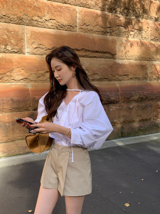 【F04311】韓國春夏法式復古設計感寬鬆簡約長袖罩衫240415