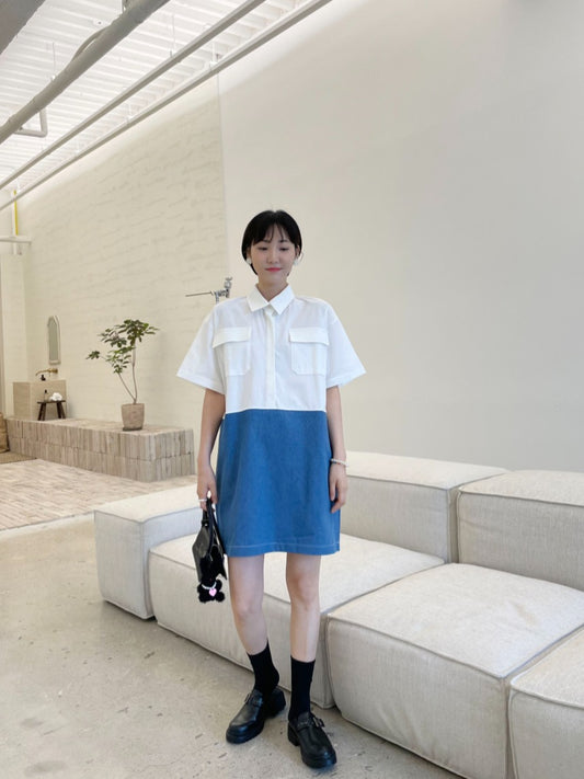 【F05420】韓國東大門設計款拼接雙口袋牛仔裙240527