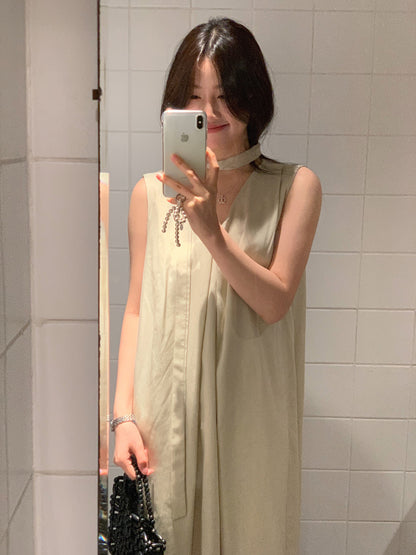 【F60318】實拍温柔甜美寬鬆繫帶背心洋裝250408