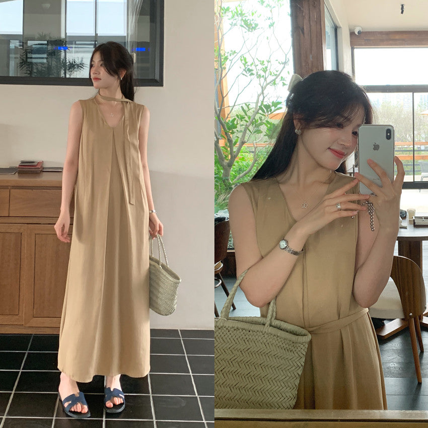 【F60318】實拍温柔甜美寬鬆繫帶背心洋裝250408