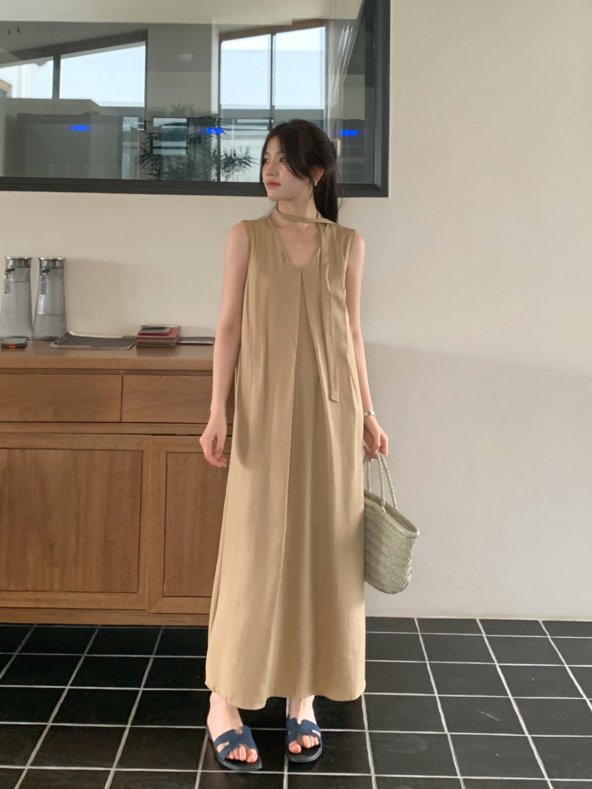 【F60318】實拍温柔甜美寬鬆繫帶背心洋裝250408