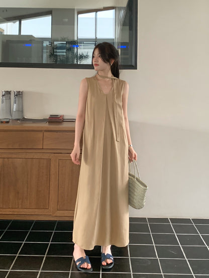 【F60318】實拍温柔甜美寬鬆繫帶背心洋裝250408