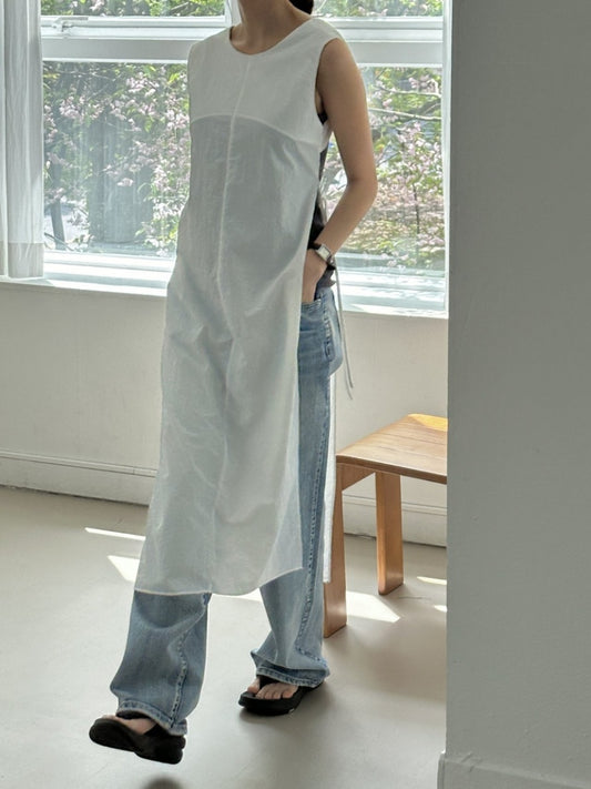 【F05219】韓國復古小眾設計感時尚單邊開叉一片式繫帶無袖連衣裙240513