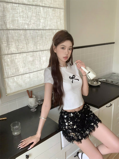 【F60332】實拍夏日微甜MIU系蝴蝶結T恤250408