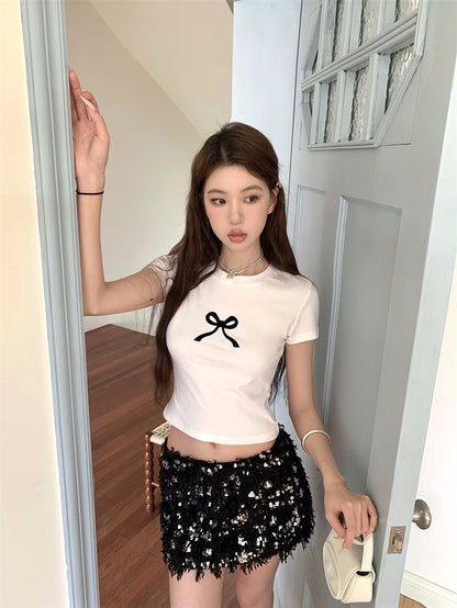 【F60332】實拍夏日微甜MIU系蝴蝶結T恤250408