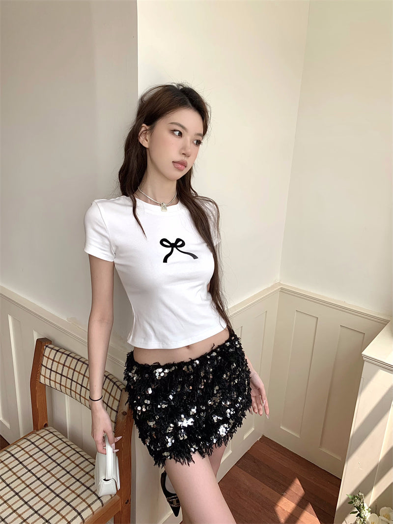 【F60332】實拍夏日微甜MIU系蝴蝶結T恤250408