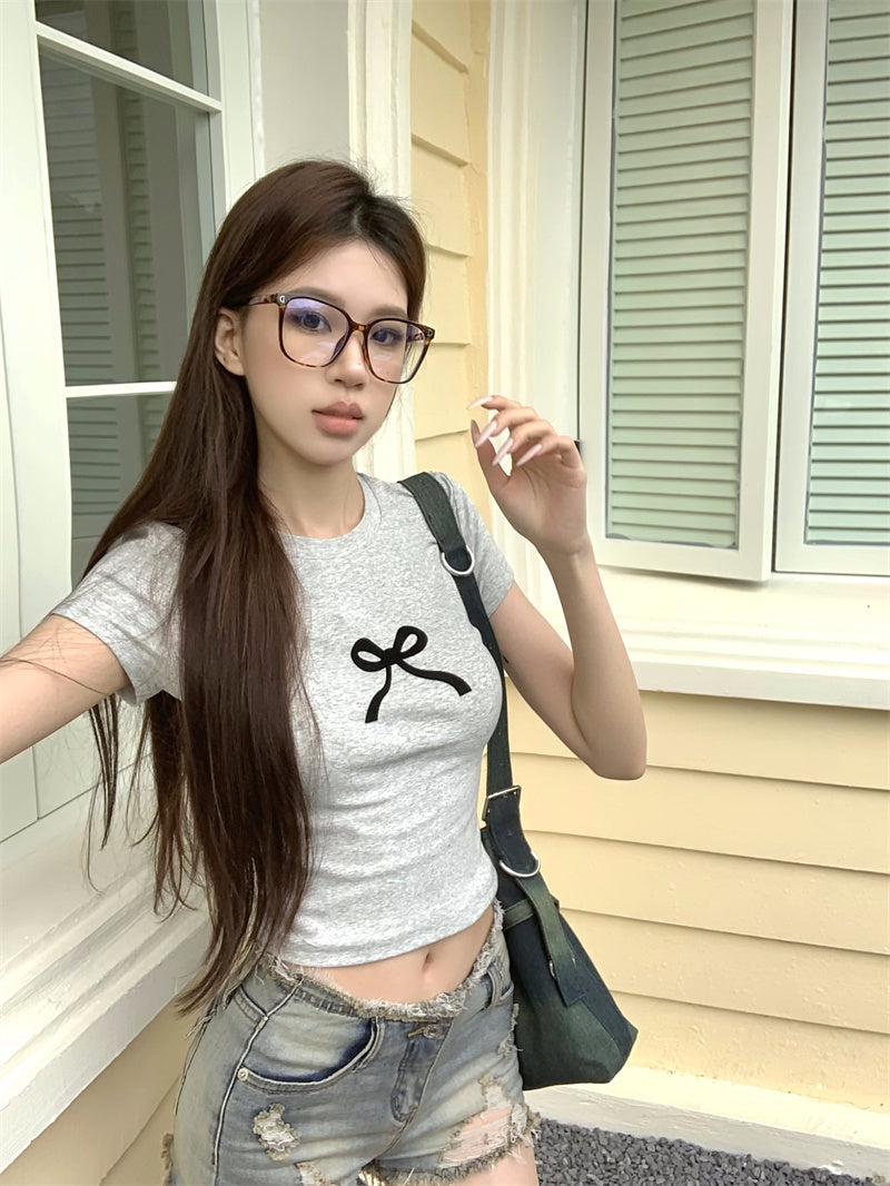 【F60332】實拍夏日微甜MIU系蝴蝶結T恤250408