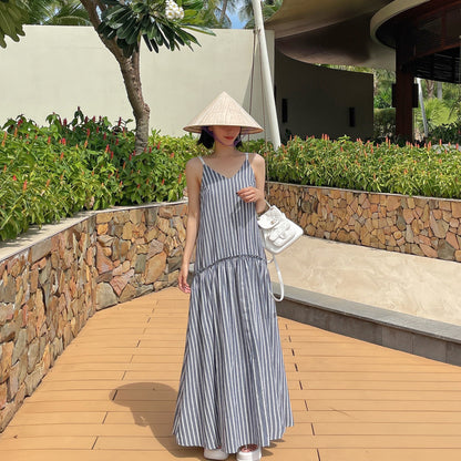 【F60548】小眾設計感推薦✨木耳邊拼接直條紋休閒細肩帶洋裝260413
