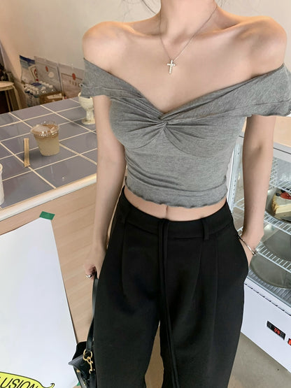 【F60438】實拍夏季法式一字肩褶皺顯瘦背心250609