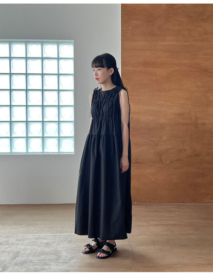 【F60654】韓系甜美少女感🎀小眾設計款蝴蝶結綁帶抓皺無袖背心洋裝260713