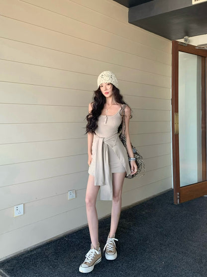 【F60441】實拍夏季辣妹修身假2件顯瘦吊帶洋裝（含胸墊）250609