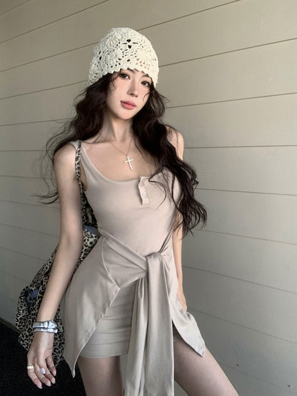 【F60441】實拍夏季辣妹修身假2件顯瘦吊帶洋裝（含胸墊）250609