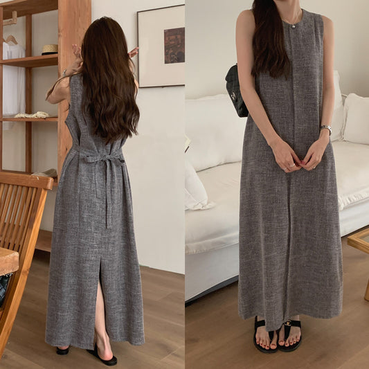 【F60566】極簡千金風🤍氣質小香風毛呢無袖綁帶寬鬆長版背心洋裝260413